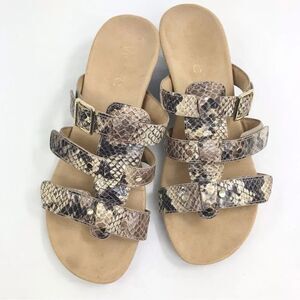 Vionic Radia Brown Tan Faux Snakeskin Triple Strap Wedge Slide Orthotic Sandals